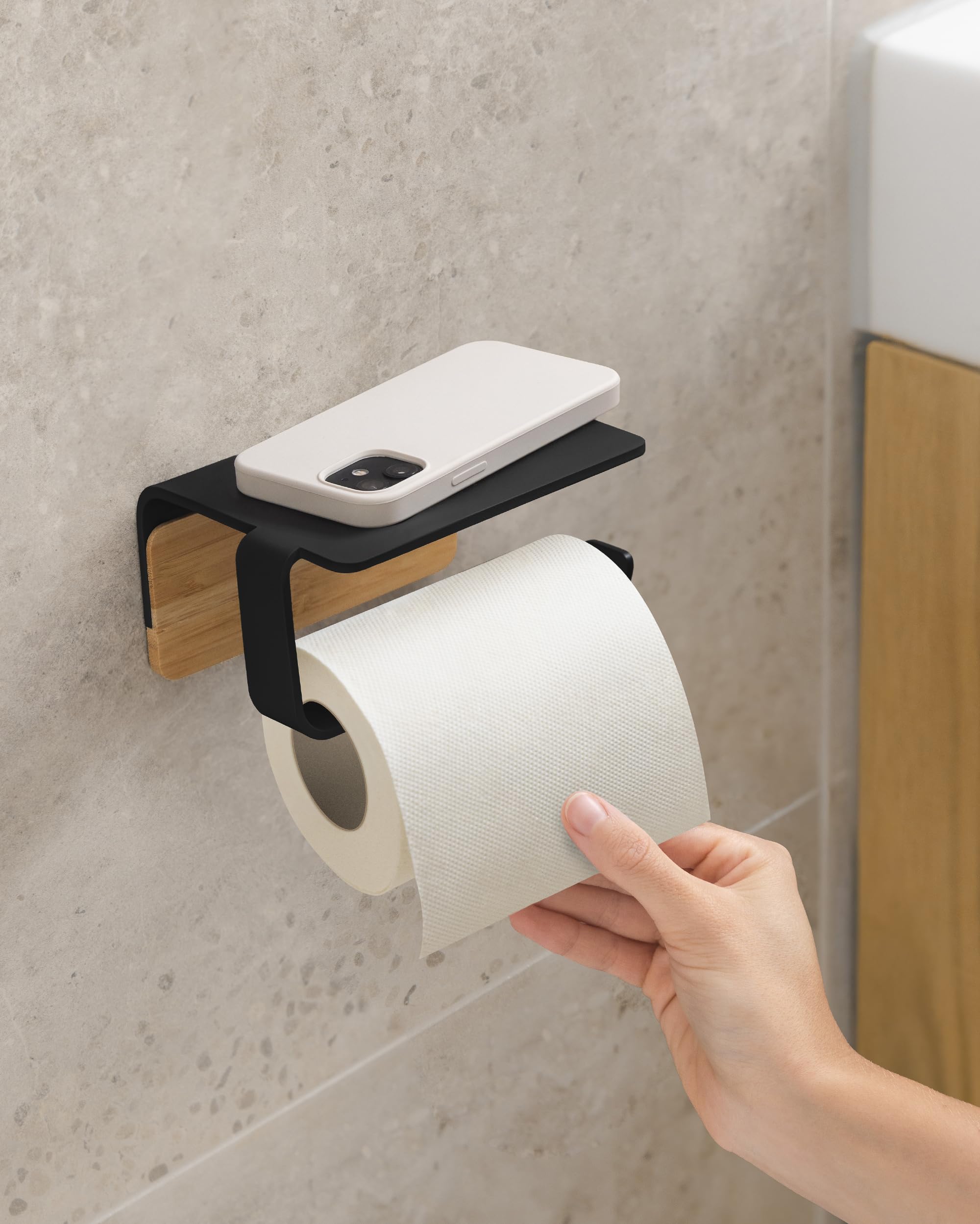 kazai-leif-toilettenpapierhalter-ohne-bohren-schwarz-mit-ablage image 3