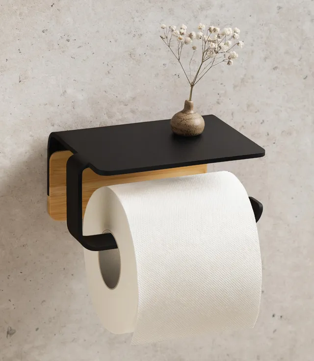 kazai-leif-toilettenpapierhalter-ohne-bohren-schwarz-mit-ablage image 1